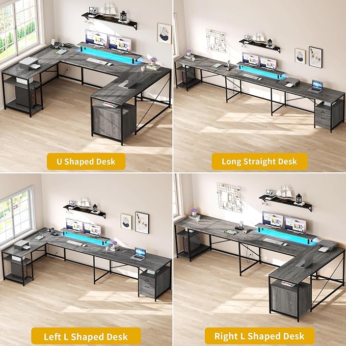 DWVO U Shaped Desk with Drawers | 79" Reversible L Shaped Desk with Power Outlets & LED Lights, Corner Computer Desk with Monitor Stand & Storage Shelves, Grey