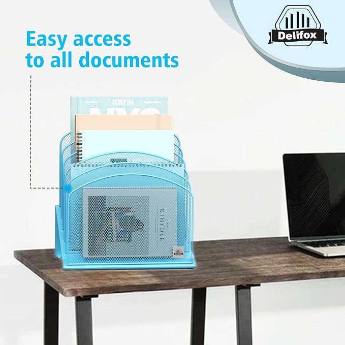 Delifox Inclined Desk File Organizer,Vertical File Folder Holder Stand Metal Rack File Sorter for Office Classroom Desktop Organization (1, Blue, 5)