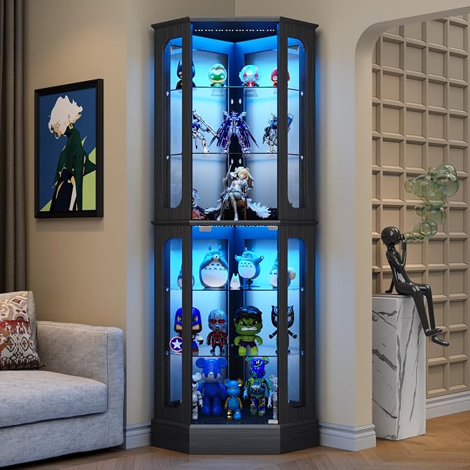 kepptory 72" Tall Corner Display Cabinet with Glass Doors，Black | 6-Tier Glass Display Cabinet, Adjustable Glass Shelves, LED Lights, Curio Display Case for Collectibles
