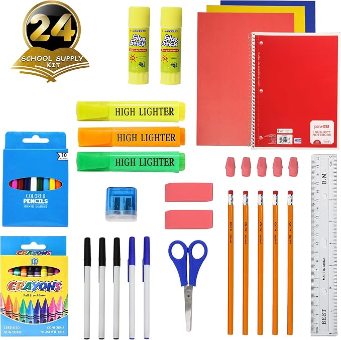 Moda West 24 Pack Bulk School Supplies 50 Piece Kit - Pens, Pencils, Crayons, and More - Value Pack of 24 Kits - Essential Box of School Supplies for Elementary, Middle, and High School Students