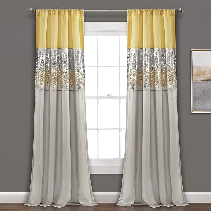 Lush Decor Night Sky Window Curtain Panel, Single 42"W x 84"L Yellow & Gray - Sequin Backdrop Curtain - Room Darkening Curtains For Bedroom - Glam Decor