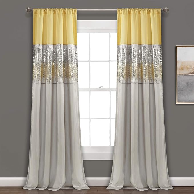 Lush Decor Night Sky Window Curtain Panel, Single 42"W x 108"L Yellow & Gray - Sequin Backdrop Curtain - Room Darkening Curtains For Bedroom - Glam Decor