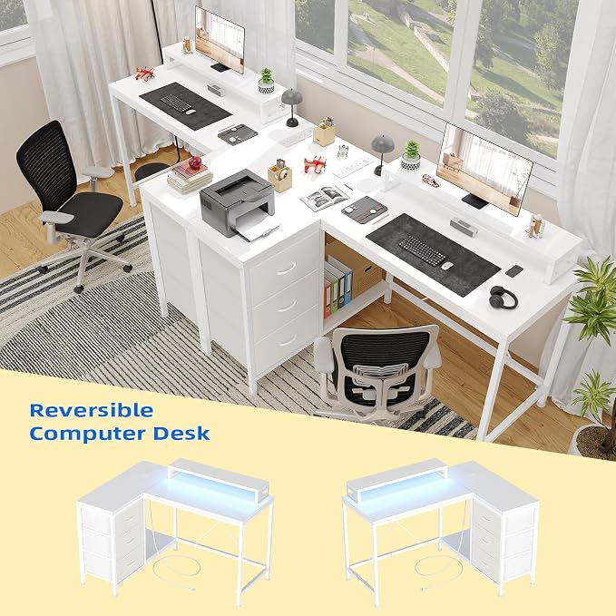 Garvee L-Shaped Computer Desk with Power Outlets & LED Lights - 43-Inch Reversible Corner Gaming Desk with 3 Drawers, Storage Shelves & Removable Monitor Stand, Modern Home Office Desk