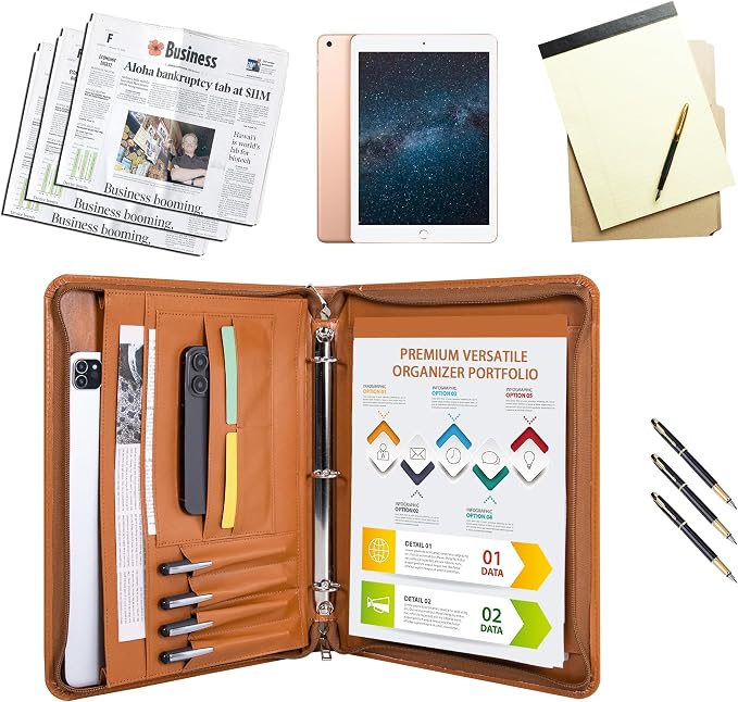 Brown Vegan Leather Binder Portfolio for Women and Men,3 Ring Padfolio Binder with Zipper, A4 Planner Folder with Laptop Pocket,Legal Size Portfolio,Work File Organizer for Women(Brown)
