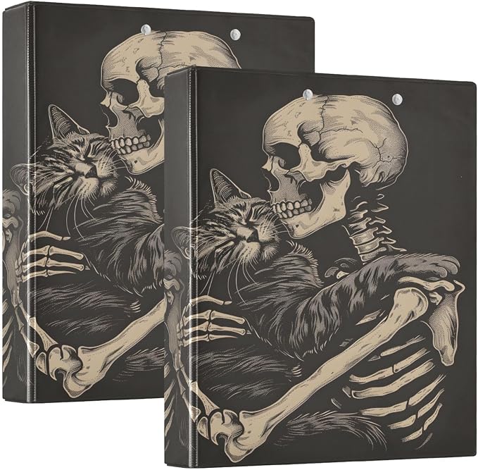 Funny Cat Skeleton Skull Black 3 Ring Binder with 2 Interior Pockets 1.5 inch Binders 3 Ring Heavy Duty Fit 8.5" x 11" Letter Size for Office School, 2 Pack