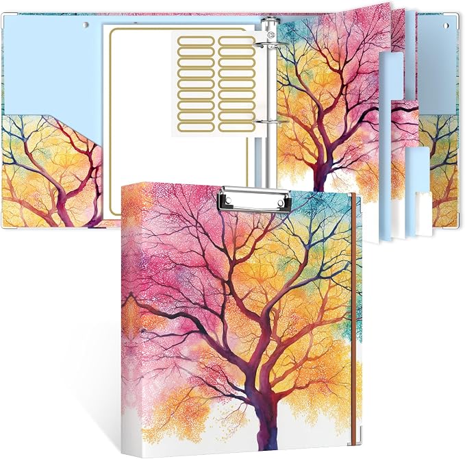 Rouidr 3 Ring Binder, 2 Inch Round Ring Binder Organizer with Clipboard, 5 Dividers Tabs, A4 8.5 x 11 Inch Paper & Clear Sleeves for School, Office Supplies