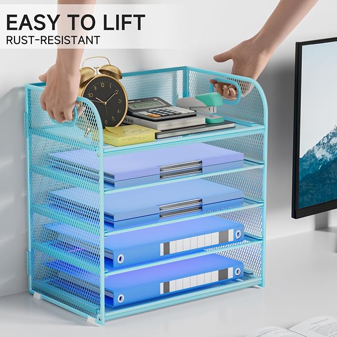 Paper Organizer Letter Tray with Handle Mesh 5-Tier | Stackable Desk Organizer for Files/Paper/Office Supplies, Sturdy Carbon Steel Desk Organizer for Home Office & Classroom