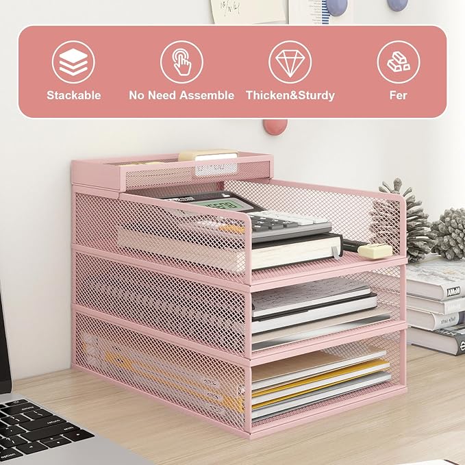 Natwind 3-Tier Stackable Metal Mesh Letter Paper Tray Organizer,Pink | Desk Organizer For Paper,Document,Mail Tray For Office Supplies,File Holder For Home Office School Classroom Organization