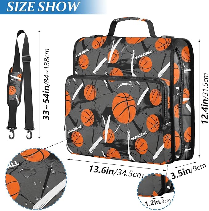 Aslsiy Zipper Binder Bag for Girls Boys Grunge Basketball Pattern Kids 1.5 inch 3-Ring Binder Organizer with Shoulder Strap for School Office Supplies