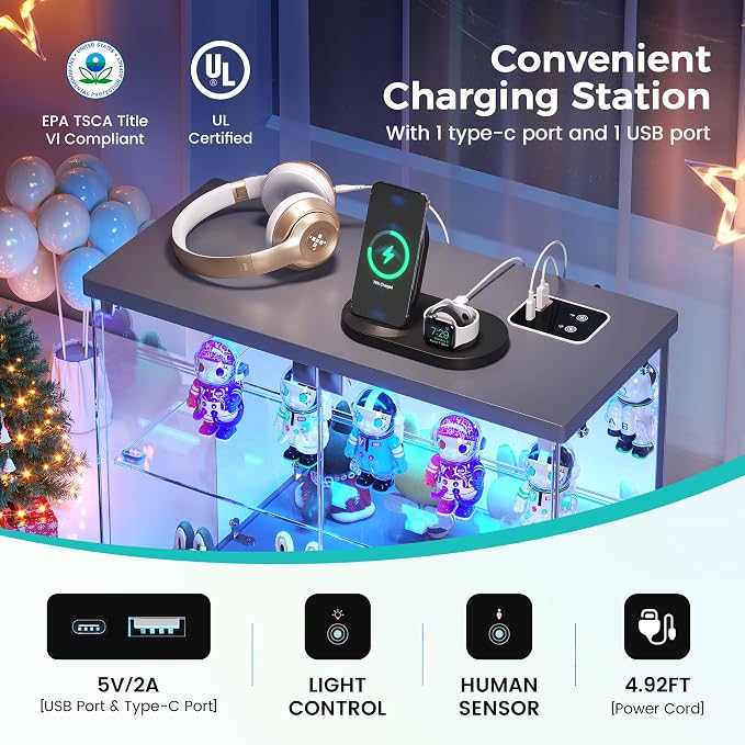 Dystler Glass Display Case with LED Lights, Small 2-Tier for Figures | Lighted Display Cabinet with Motion Sensor, Clear Tempered Glass Door, USB-C Charging Hub for Collectibles, Rocks, Tabletop