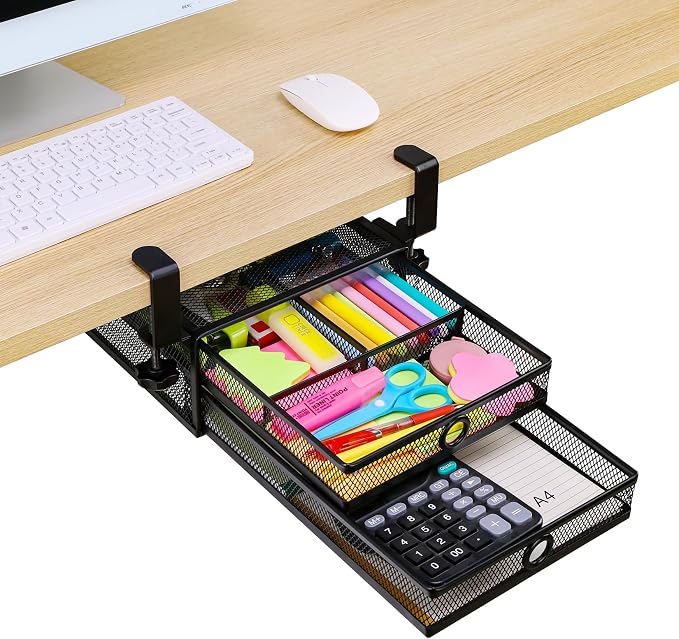 ROSYLINE Under Desk & Desktop Drawer Organizer, 2-Tier Big Capacity | Steel Construction, Clip-On No Drill Installation, Fits A4 Paper, for Office & Household Supplies