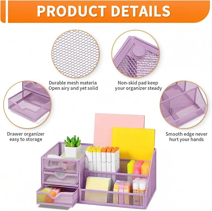 Lavatino Mesh Desk Organizer with 6 Compartments & 2 Drawers, Larger Multi-functional Desktop and Workspace Accessories Organizer for Office, Classroom, Dorm Supplies (Purple)
