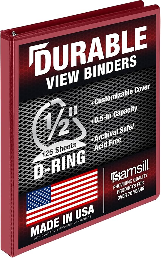 Samsill Durable 0.5 Inch Binder, D Ring Binder, 100% Recycled Chipboard, Red
