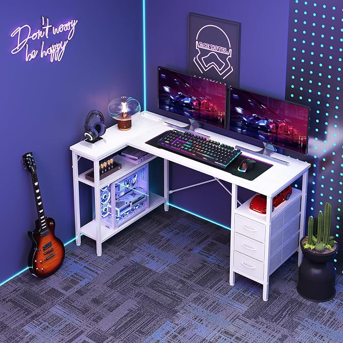 DUMOS L Shaped Desk with Drawers, Gaming Desk, 55 Inch | Power Outlet, Study Table, Adjustable Shelves, Home Office, Corner Computer Workstation, Bedroom, White