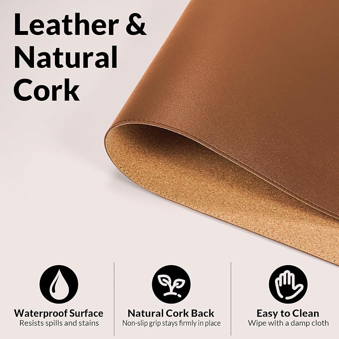 AFIING Leather Desk Mat, Brown, 31.5" x 17", Cork Desk Pad Protector | Dual-Sided Cork & PU Leather Desk Pad, Waterproof, Non-Slip for Mouse, Writing, Office, Home & Study