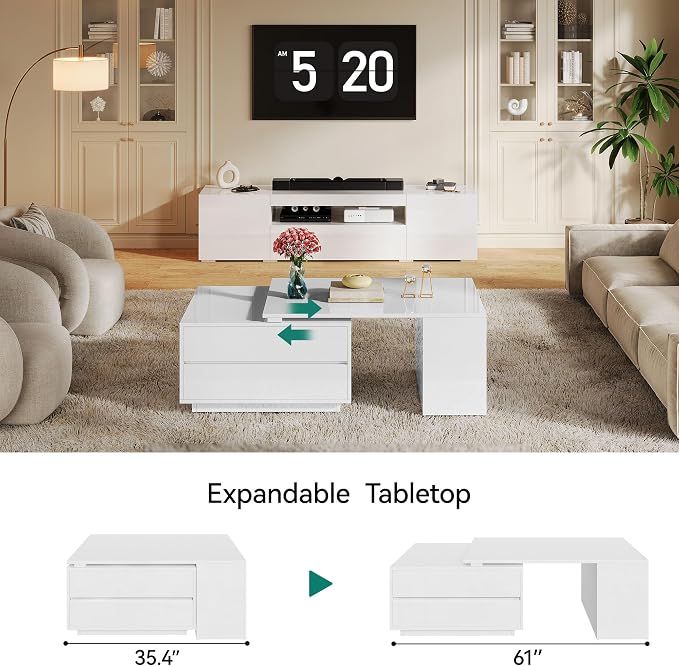 YITAHOME 35"-61" Extendable LED Coffee Table with 4 Drawers, White | Center Table with 4 Storage Drawers, Open Shelves, Sliding Extendable Top, LED Lighting, for Living Room Home Office