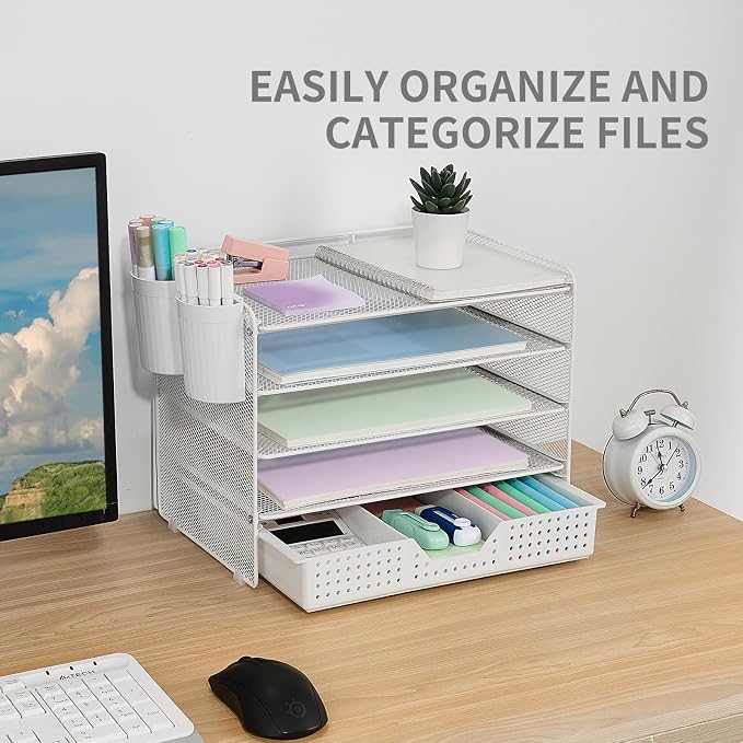 LEKETREE Desk Organizer and Accessories, 5-Tier Paper Letter Tray Organizer with Drawer & 2 Pen Holders for Desktop File Organization, Office Desk Accessories for Supplies Storage (White)