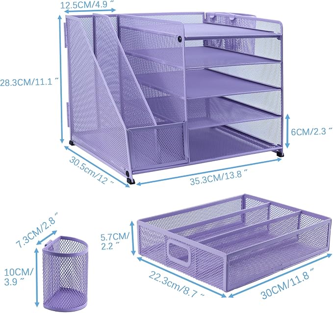 Desk Organiser with 2 Pack Magazine File Holder, 5-Tier Paper Tray Organiser with Drawer and 2 Pen Holder, Letter Tray Multifunctional for Office, School, Home - Purple