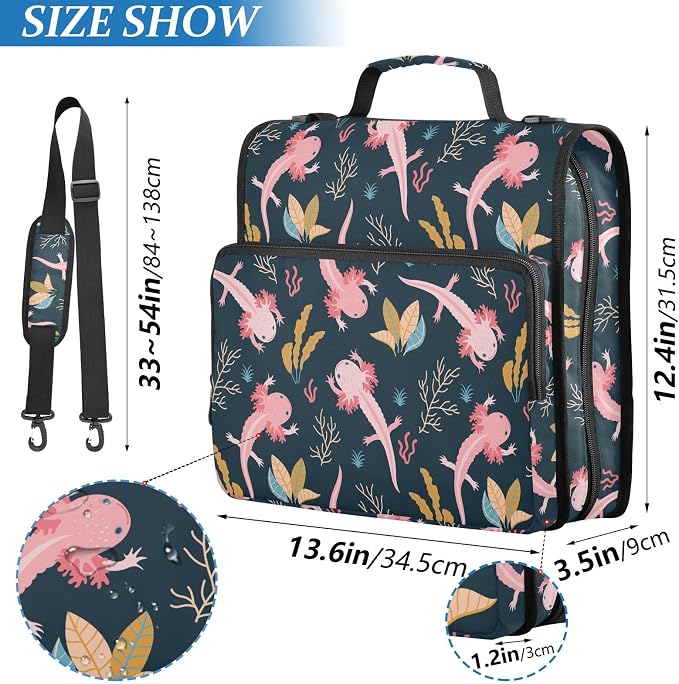Axolotls Print Zipper Binder Bag 3 Ring with Shoulder Strap & Handle Multi Pocket Binder Organizer Bag Large Capacity for School Office Supplies