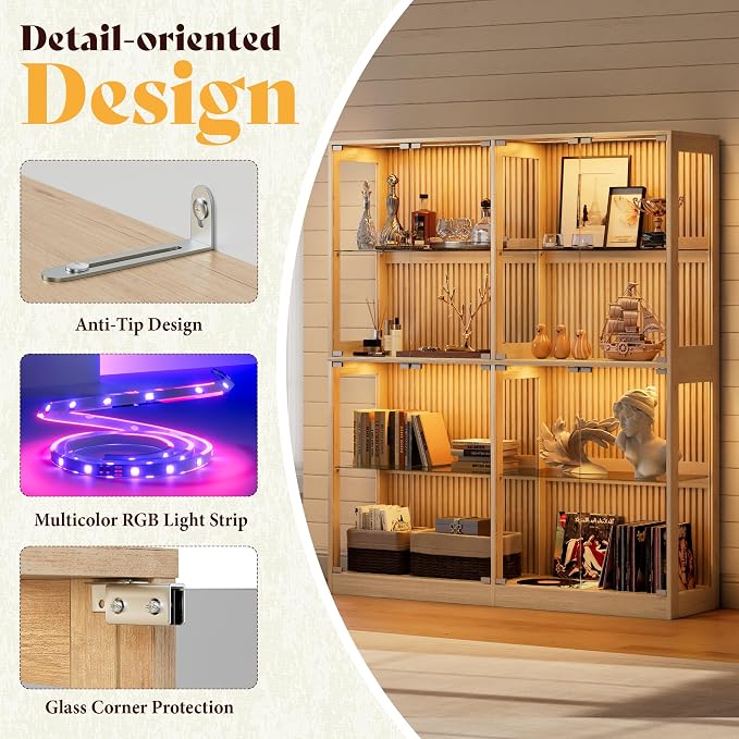 AMERLIFE 60-Inch RGB Display Cabinet with Glass Shelves | 70 H x 60 W x 16 D In, 4-Tier Storage, RGB LED Lights, Press-to-Open Doors, for Collectibles, Wood-Grain Slatted Finish