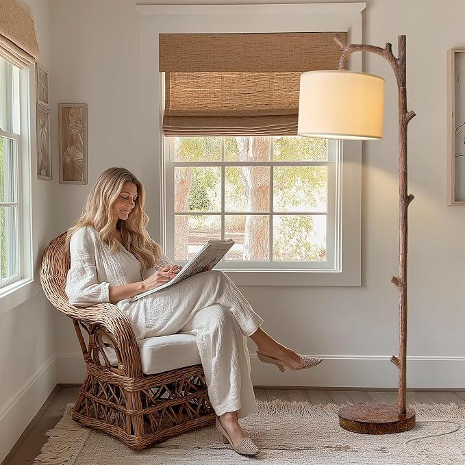 Retro Farmhouse Floor Lamp for Living Room with Remote Rustic Standing Lamps Tree Trunk Deco Modern Country Vintage Wood Floor Lamp（Brown,Bulb Included）