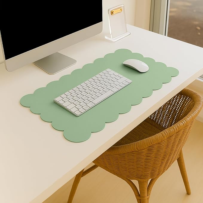 Orelle Scalloped Desk Mat | Vegan Leather Desk Mat for Keyboard and Mouse, Laptop, Makeup Vanity | Computer Desk Pad Mat | Office Desk Cover Mat | Desk Blotter Mat | 30 x 15” | Green