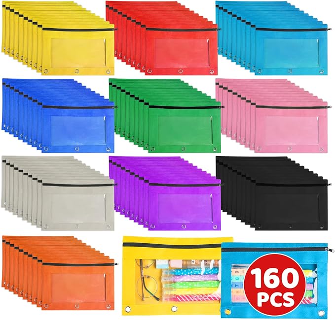 160 Packs 3 Ring Pencil Pouch Bulk, Zipper Pencil Case in 10 Colors | Pencil Pouches with Clear Window for Storing School Office Supplies, Cloth Pencil Bag for 3 Hole Binder