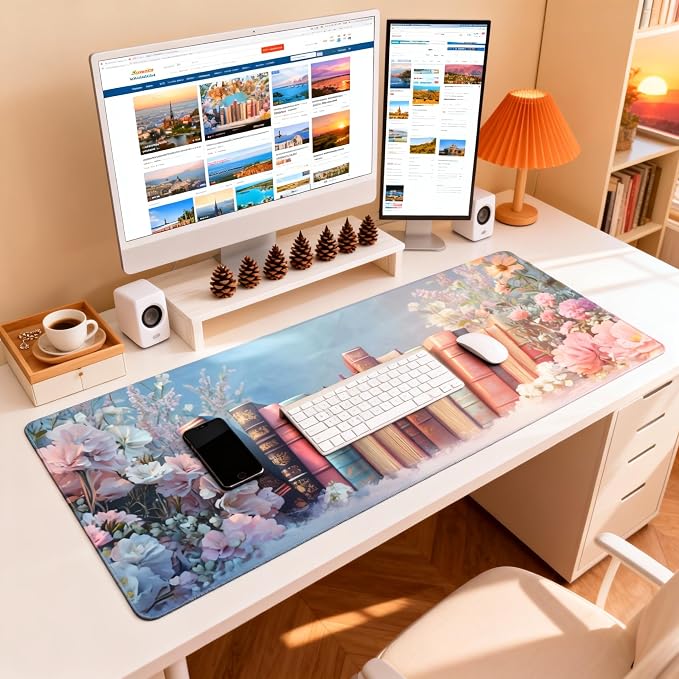 Cute Floral Aesthetic Book Gaming Mouse Pad, Blue Pink Dreamy Desk Mat with Anti-Slip Base & Stitched Edges, Office Supplies & Desk Decor for Women, 35.4" x 15.7" in Home Office Essentials