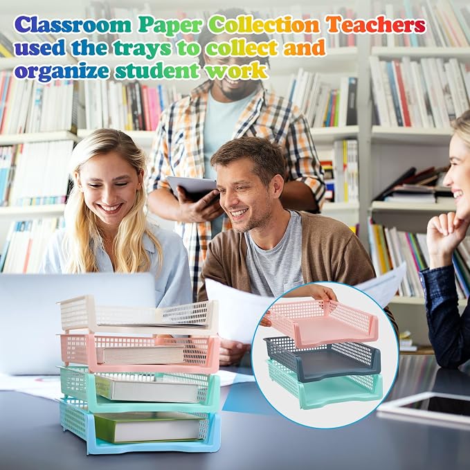 Weysat 6 Pcs Turn in Trays Classroom, Stackable Paper Tray for Classroom Organization Plastic Desk File Organizer Bin Basket for Library Drawer Teacher Office Document Storage (Pastel,Narrow)