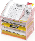 5 Tier Mesh Desk Organizer with Pen Holder and Handle Letter Tray | Metal desktop document shelf and paper sorter. Premium mesh workspace storage for office, home, and classroom