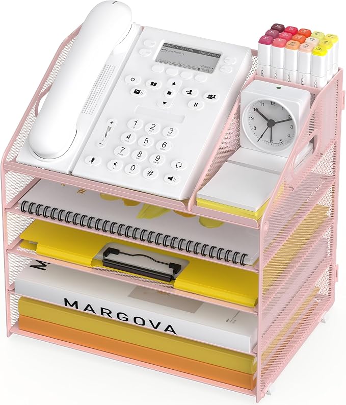 5 Tier Mesh Desk Organizer with Pen Holder and Handle Letter Tray | Metal desktop document shelf and paper sorter. Premium mesh workspace storage for office, home, and classroom