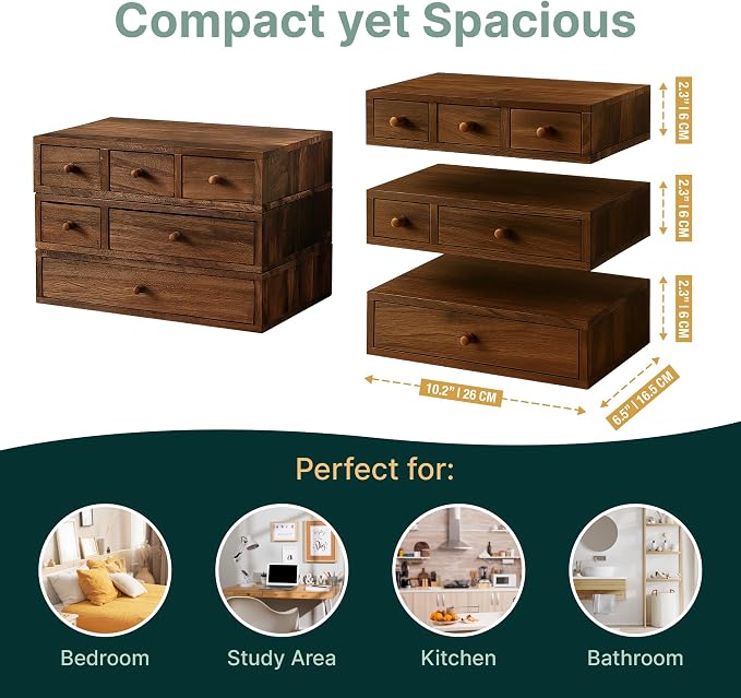 Stackable 3-Piece Set - Wood Desk Organizer with Drawers – Desktop Organization for Office, Crafts, Makeup, Sewing, Emboridery DMC Floss & Small Accessories – Rustic Storage Box with 6 Slots