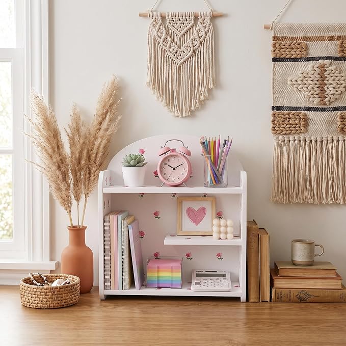 Cute Desk Organizer, Back To School Accessories White Desktop Shelf for Kid | 3-Tier Wooden Desktop Shelf, Desk Organizers for Study Room Bedroom Living Room, Cute Bohemian GIfts for Girls