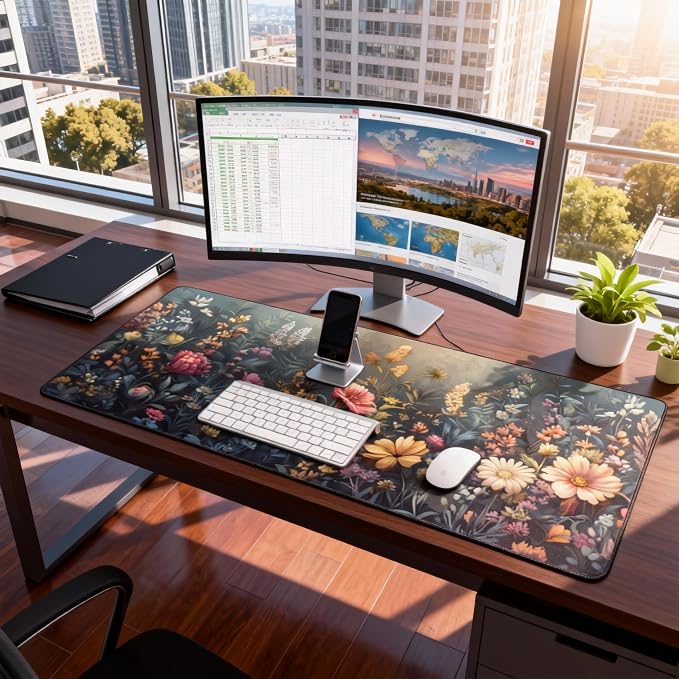 Floral Aesthetic Wildflower Gaming Mouse Pad, Morandi Vintage Botanical Desk Mat with Anti-Slip Base & Stitched Edges,35.4" x 15.7" in Desk Accessories for Women, Home Office Decor & Artistic Gift