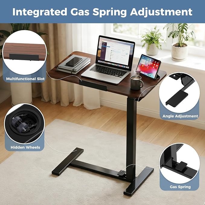 DUMOS Rolling Desk, Laptop Desk, Overbed Table with Wheels | Mobile Overbed Bedside, Portable Computer Workstation, Bed Sofa Couch, Adjustable Height, Chocolate