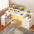 DWVO L Shaped Desk with Drawers | 65" Computer Desk with Power Outlets & LED Lights, Corner Home Office Desk with Storage Shelves & Printer Stand, White