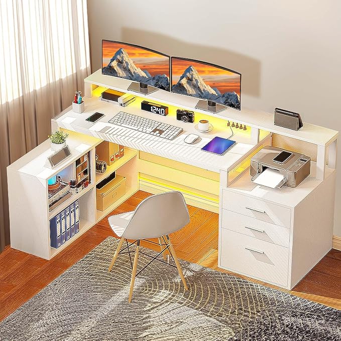 DWVO L Shaped Desk with Drawers | 65" Computer Desk with Power Outlets & LED Lights, Corner Home Office Desk with Storage Shelves & Printer Stand, White