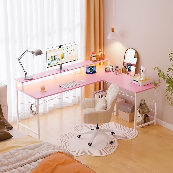 Pamray 64 Inch L Shaped Gaming Desk with Monitor Stand and Power Outlets | Large Corner Computer Desk With Pegboard & Led Lights USB Charging Ports for Home Office Study and Writing Bedroom and Dorms