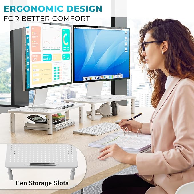 BONTEC Monitor Stand for Desk 2 Pack, 3-Level Height Adjustable, White | 14.5 x 9.1 in Ergonomic Metal Computer Stand with Pen Holder & Cable Management for Printer, Laptop and Office Workstation
