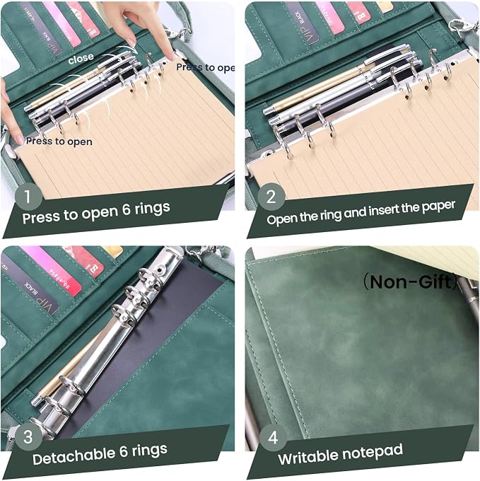 A5 Binder 6 Ring with Zipper, Portable Planner for Travel & Study | Faux leather A5 planner with detachable 6 rings, lined pages, pouches, card slots and pen holder for daily use.