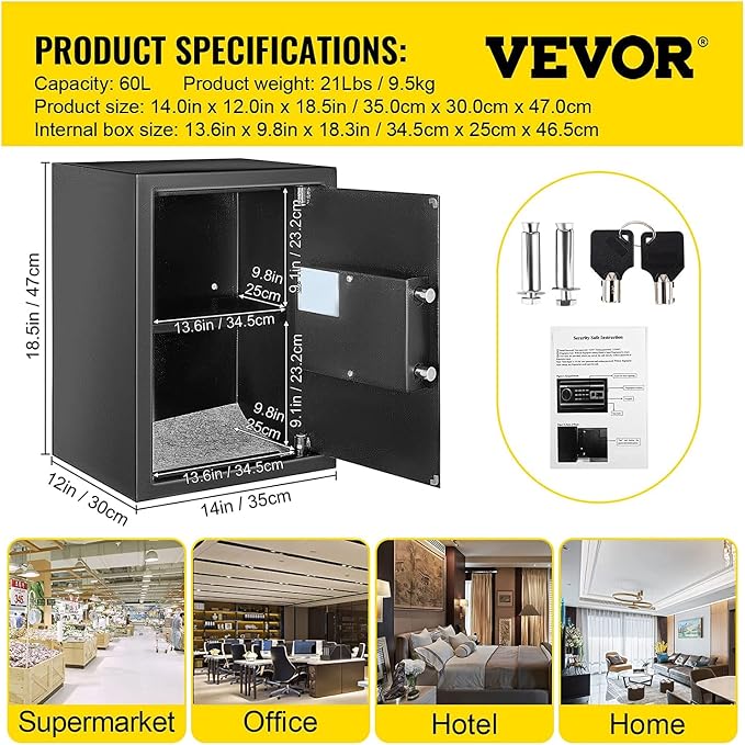 VEVOR Safe Box, 2.1 CU.FT Fingerprint Safe Box for Money w/ 2 Keys & Digital Keypad, Q235 Steel Fireproof Safe Box for Storing Cash, Jewelry, Pistols, Documents, Watches in Home & Office & Hotel