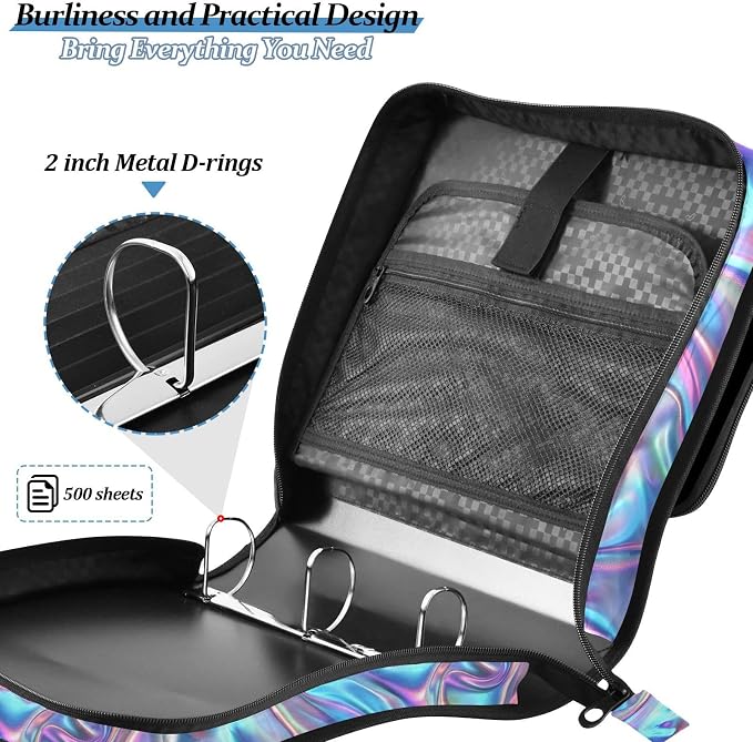 Metallic Liquid Painting Rainbow 3 Ring Binder Bag 1.5 inch Binder Organizer with Zipper Shoulder Strap 500 Sheet Documents Storage for School Office