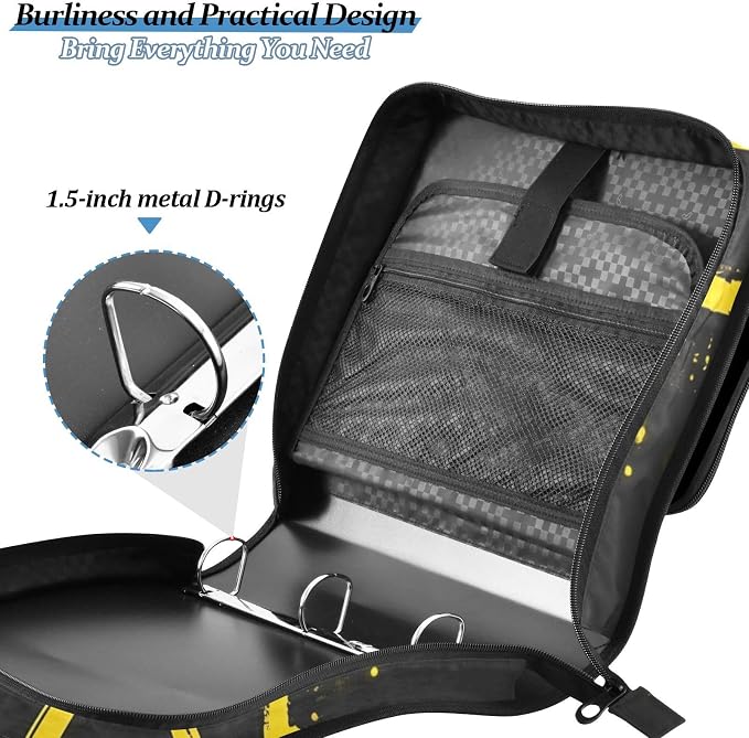 3 Ring Zipper Binder with Shoulder Strap Yellow Basketball Splash Black 1.5 inch Binders Keeper Large Capacity Multi Pockets for School Office Supplies