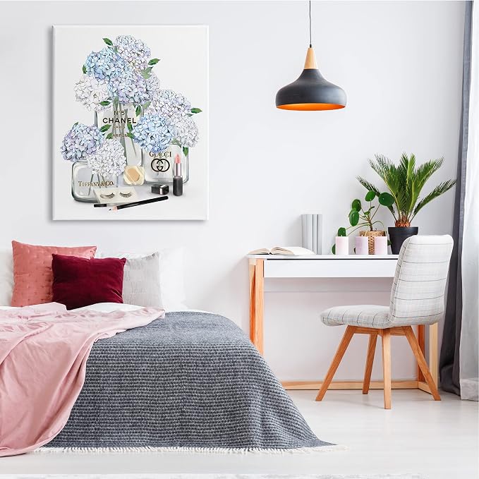 Glam Hydrangea Perfume Bottle Still Life, 36 x 48 Inch Canvas Wall Art | Stupell Industries · By Ziwei Li · Ready to hang · Chic fashion inspired decor for bedroom or office · Made in USA