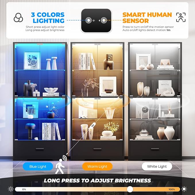 BROTTAR 4-Tier Display Cabinet with Glass Doors and Drawer for Collectibles | Glass Display Case with 3-Color Lights & Human Body Sensor, Curio Cabinets with Adjustable Shelves for Living Room, Black