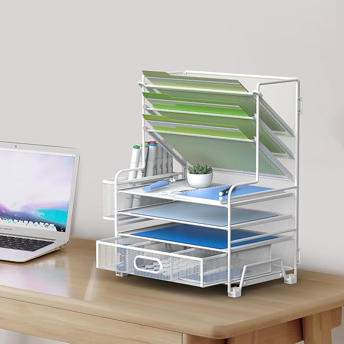 MINDEPOT 4-Tier Paper Organizer + 3-Pocket File Holder + Drawer + Pen Holders, Desktop File Organizers Paper Tray for Office Supplies School Classroom Organization (White, with Drawer & Pen Holder)
