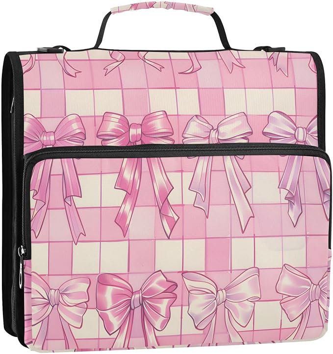 3 Ring Zipper Binder with Shoulder Strap Bow Tie Pink Buffalo Plaid 1.5 inch Binders Keeper Large Capacity Multi Pockets for School Office Supplies