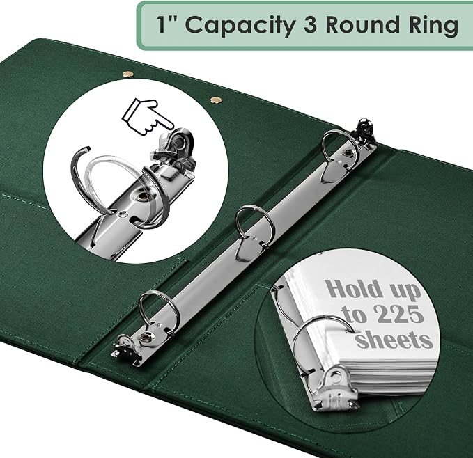 EYROZILL 3 Ring Binder, 1 Inch Linen Binder Organizer for Letter Size (8.5" x 11") with 5 Tab Dividers, File Folder Labels and Low Profile Clipboards, School and Office Supplies-Blackish Green