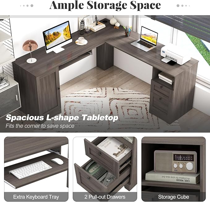 Giantex 66" L-Shaped Desk with Storage Drawers & Charging Station, Spacious Corner Computer Desk with Keyboard Tray, Adjustable Shelf, Cabinet, Huge Workspace Home Office Study Writing Desk (Grey Oak)