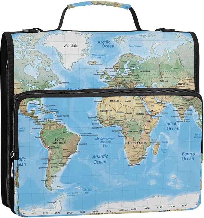 3 Ring Zipper Binder with Shoulder Strap World Map Blaue 1.5 inch Binders Keeper Large Capacity Multi Pockets for School Office Supplies